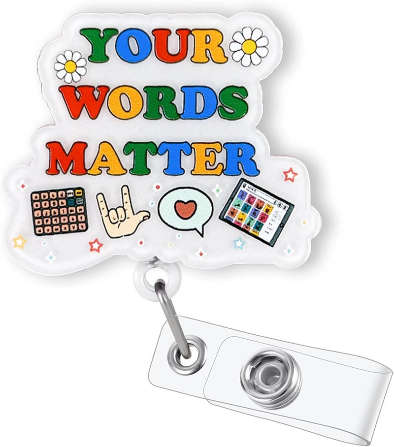 Bydevia Your Words Matter Badge Reel Retractable, Cute Speech Therapy Badge Reel, SLP SLPA Badge Holder, Speech Language Pathologist ID Badge Clip, AAC Speechie Gifts, Speech Therapist Badge Holder for Work - Image 1